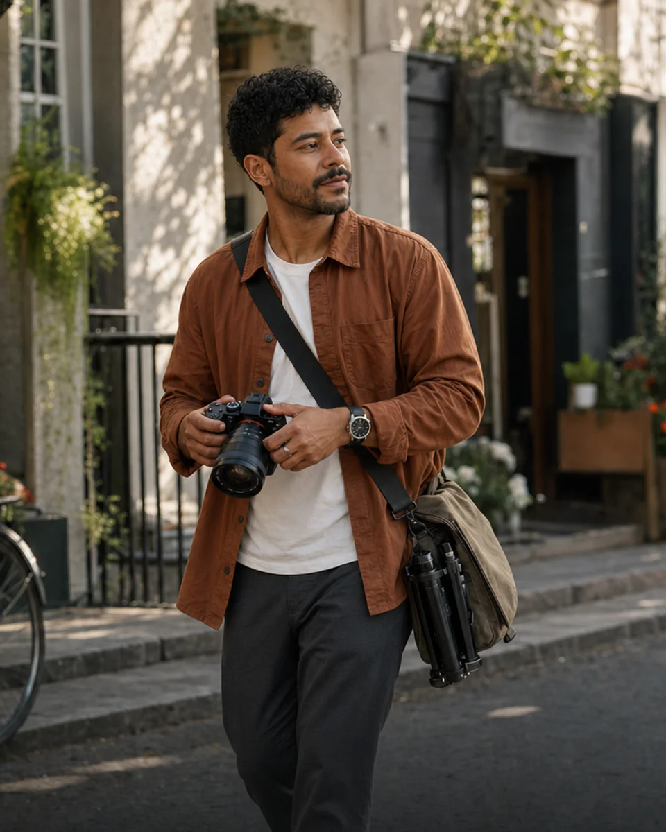 Freelance photographer walking through a city