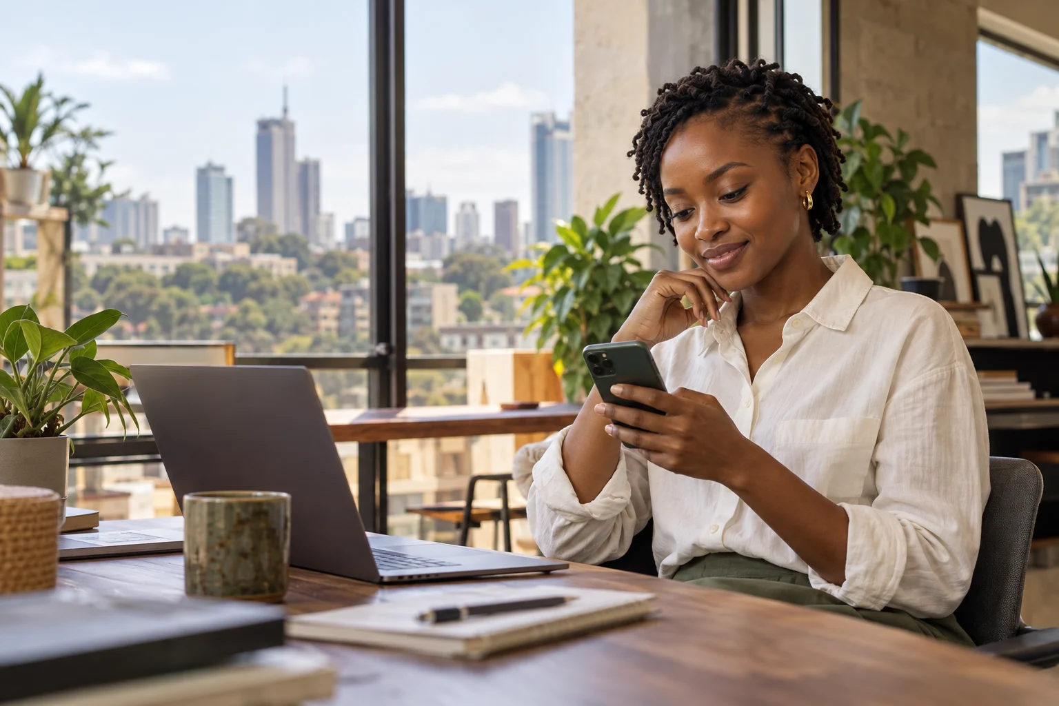 Illustrative Kenyan professional checking her phone beside a laptop in a Nairobi workspace