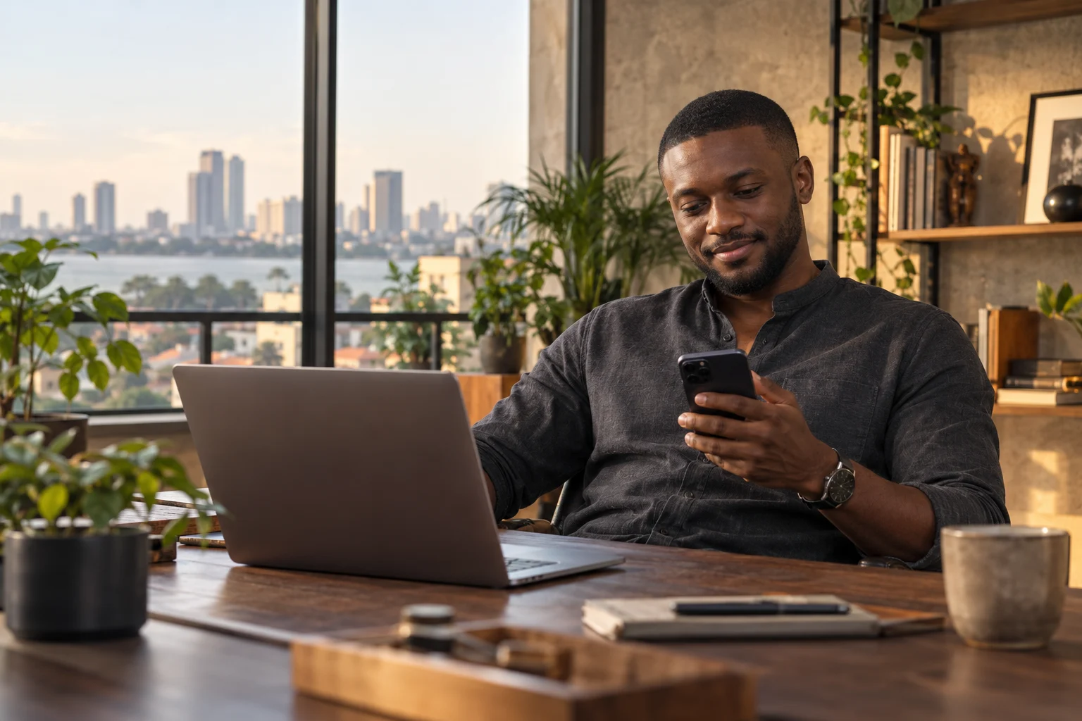 Illustrative Nigerian freelancer checking his phone beside a laptop in a Lagos workspace