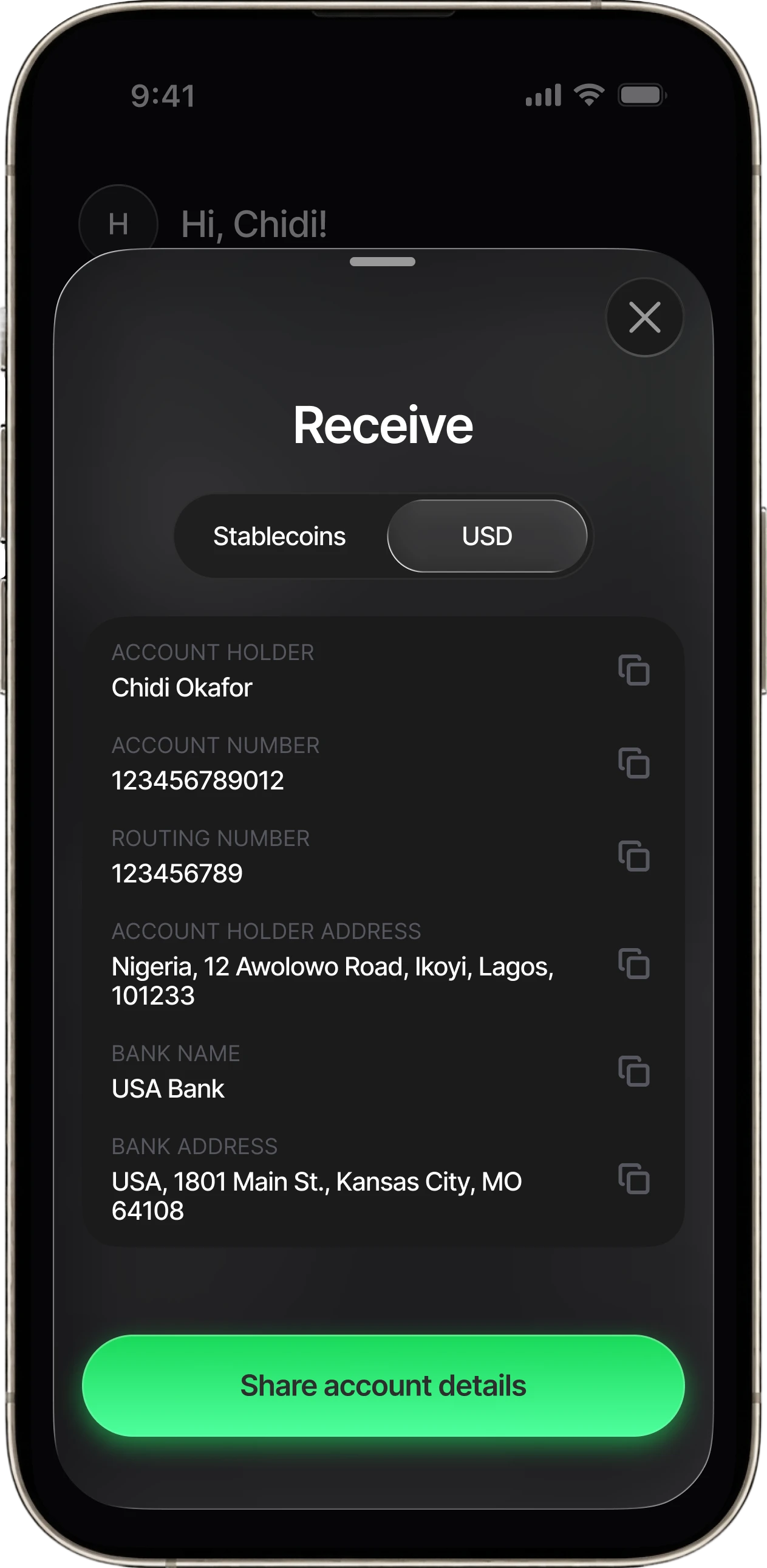 USD account details for Chidi Okafor in the Jazari One app