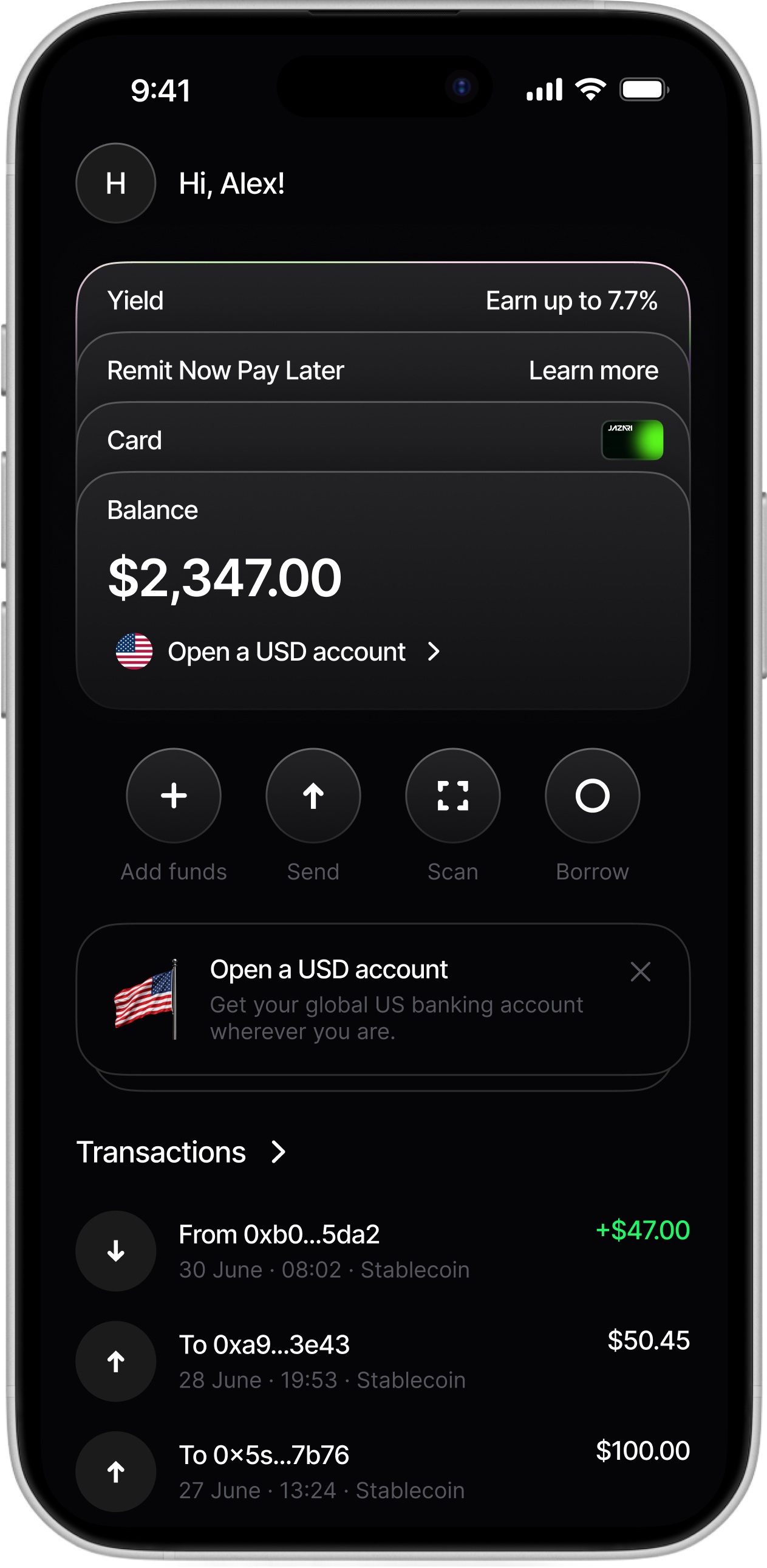 Jazari One balance and recent transactions